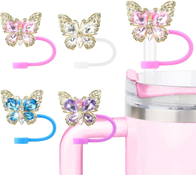 SEMATA 4PCS Cute Butterfly Straw Cover Cap for Stanley Cup Accessories,Bling Crystals Straw Toppers for Stanley Tumbler 40&30 oz,Rhinestone Reusable Straws Tips Protectors Compatible with 10mm Straws - Image 1